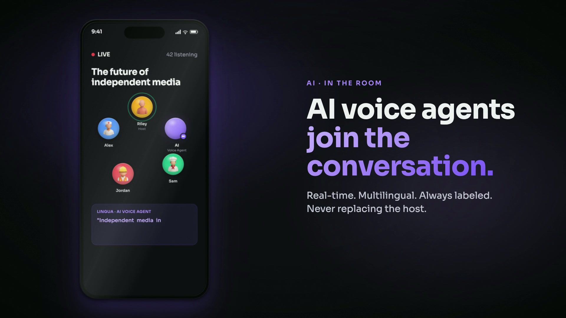An Aria live audio room on iPhone with host, listeners, and an AI voice agent participating